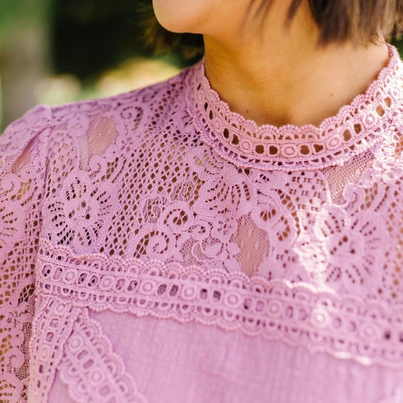 FINAL PRICE❗️Diamonds + Lace Mock Neck Pink Blouse - Picture 6 of 8